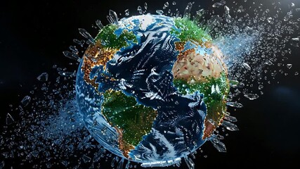 Abstract earth globe exploding shattering into geometric crystal fragments in space