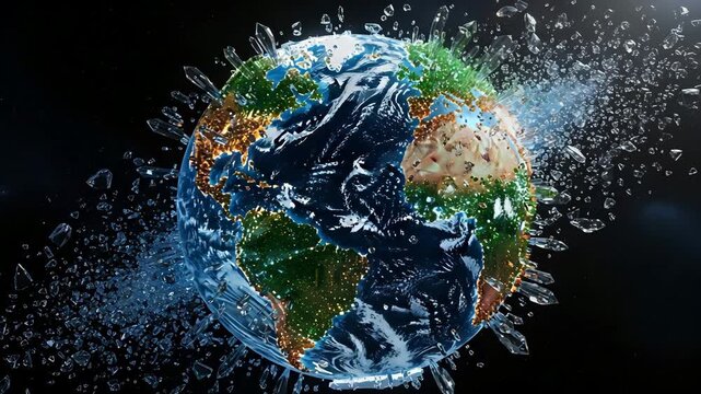 Abstract earth globe exploding shattering into geometric crystal fragments in space