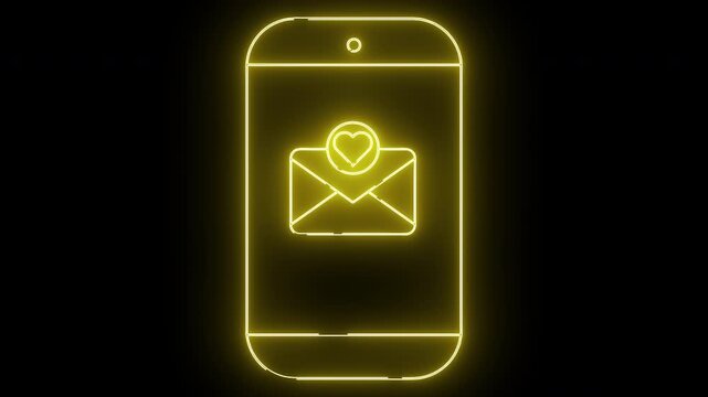 Glowing yellow outline of a smartphone showing a heart on an email icon against a black background