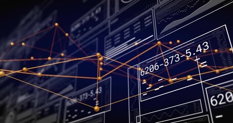 Data update arriving, orange network shifting, linking, glowing, aligning panels, visualizing data - Powered by Adobe