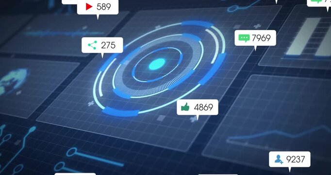 Badge flow hitting core HUD, pulsing and rotating as icons entering and clustering, showing metrics