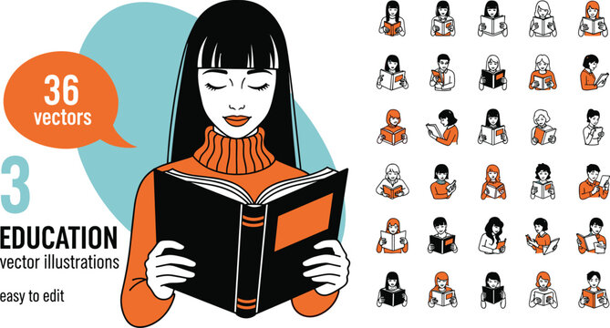A diverse collection of vector illustrations showing various people reading books, symbolizing education, literature, and knowledge. A set of student and reader icons
