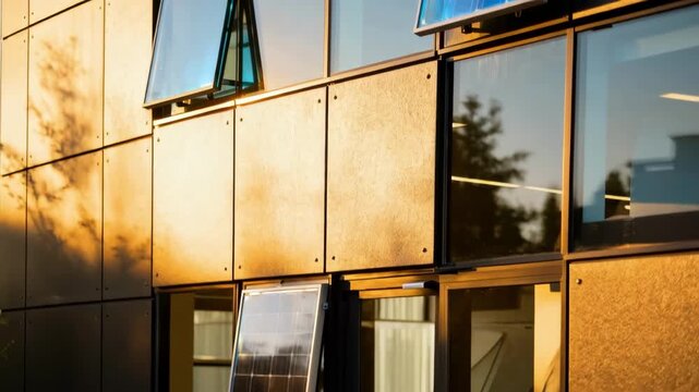 Closeup medium shot of energyefficient building wall with solar cladding converting sunlight into sustainable heat and power.