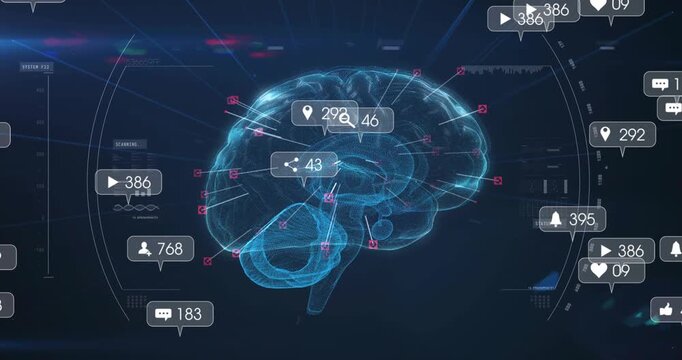 Analytics bubbles arriving from right, holo brain rotating, nodes lighting, mapping counts to lobes