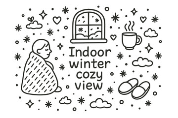 Obraz premium Cozy Winter Scene. Indoor winter cozy view. Hand-drawn doodle illustration of Indoor winter cozy view. person,