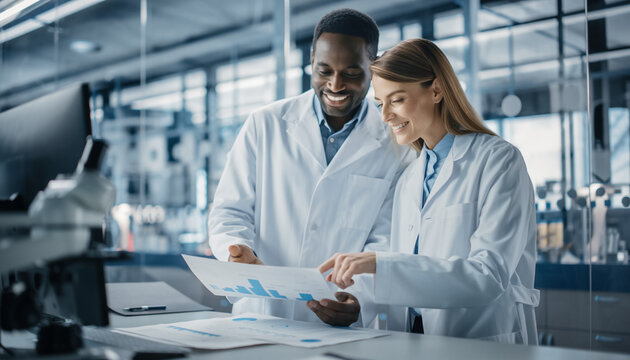 Diverse team of male and female research scientists collaborating in a modern laboratory, analyzing charts and discussing their findings with a smile - Powered by Adobe