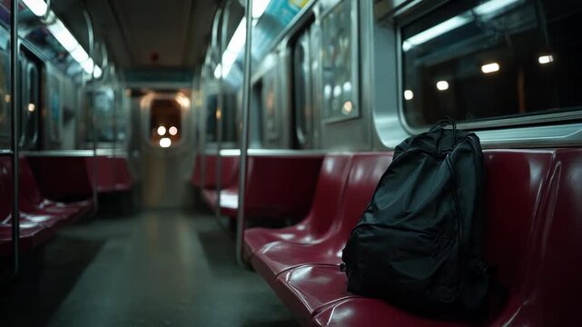 Backpack abandoned on subway train seat, empty commuter transportation