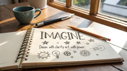 A notebook with the word Imagine and sketches on a wooden desk