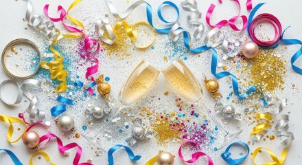 Sparkling Toast with Champagne Glasses, Festive Glitter, and Colorful Party Ribbons