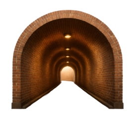 Arched pedestrian tunnel with brick walls and overhead lighting.
