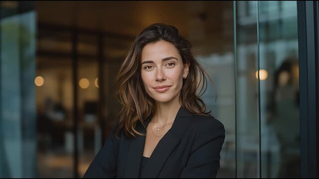 Confident businesswoman standing in modern office environment, showcasing professionalism and approachability.