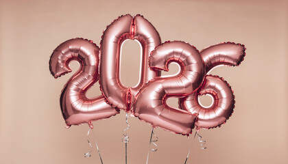 Rose gold foil balloons in the shape of the number 2026 floating against a soft pink background, symbolizing a festive New Year's celebration