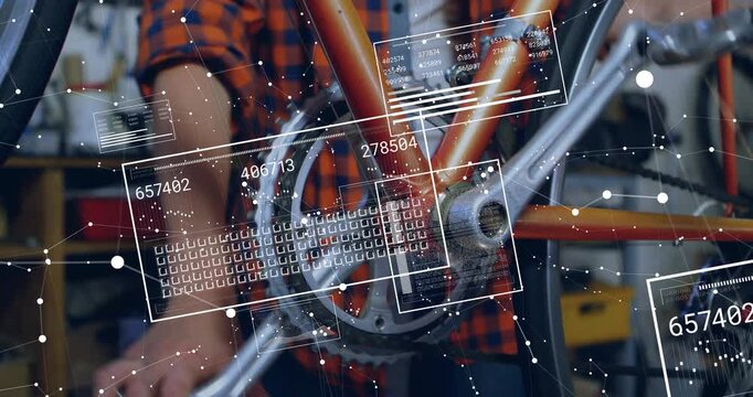 Woman mechanic placing hands on crank, rotating crank arm and updating bike repair numeric readouts