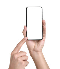 Man holding smartphone with blank screen on white background, closeup. Mockup for design