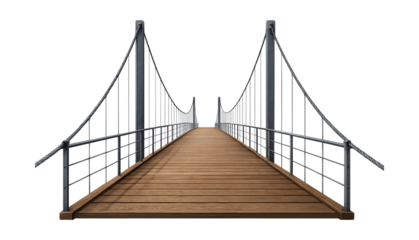 Suspended pedestrian bridge featuring tension cables and wooden decking.