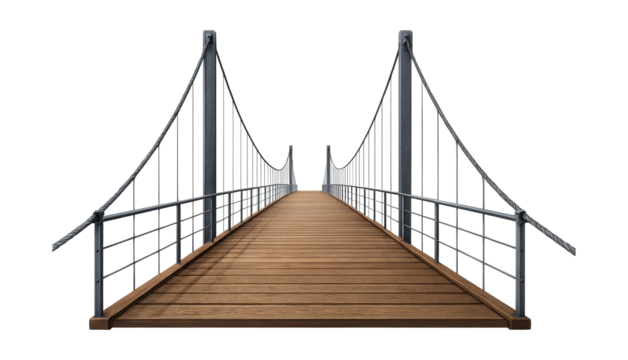Suspended pedestrian bridge featuring tension cables and wooden decking.