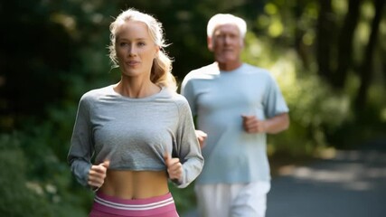 Active senior couple jogging together in the park for healthy lifestyle - Powered by Adobe