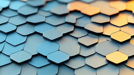 A close-up, abstract view of a tiled surface composed of many hexagonal shapes. The tiles are in shades of blue and gray, with some illuminated by warm orange l