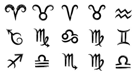 Collection of Zodiac Signs and Astrology Symbols Isolated on White Background