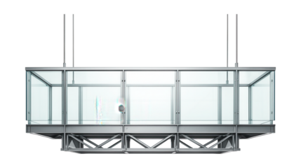 Suspended walkway featuring glass panels and metal framework.