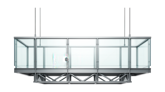 Suspended walkway featuring glass panels and metal framework.