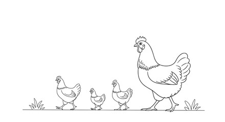 Charming hen and chicks line drawing, playful farm animal illustration for children's books