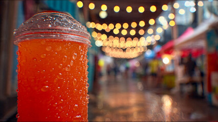 Refreshing orange drink at vibrant night market festival scene