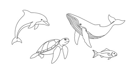 Elegant line art drawing of sea creatures perfect for children's books and educational materials
