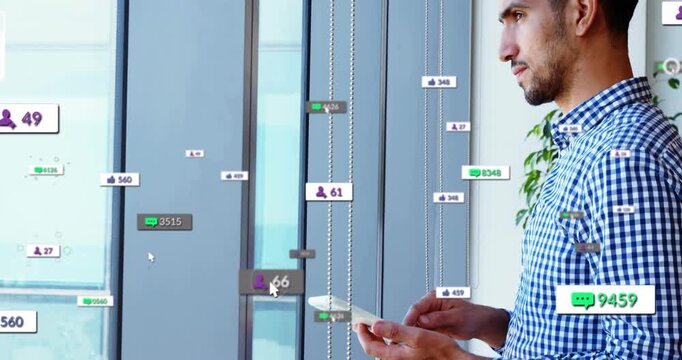 Man tapping tablet at window, causing social metrics growing then fading left, focused on marketing