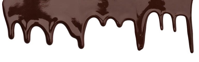 Tasty melted chocolate dripping on white background