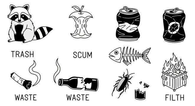 Cute Cartoon Raccoon with Trash Waste Scum Filth Icons Collection Isolated Vector Illustrations