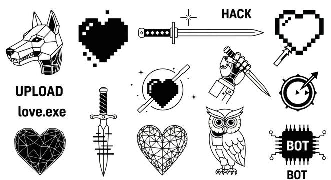 Cyberpunk Pixel Art Icons Robot Dog Hearts Swords Owl Bot Hack Upload Love exe More Vector Graphics for Digital Concepts
