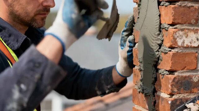 Closeup medium shot of a worker applying fresh mortar to a brick chimney crack ensuring a watertight seal for chimney repairs.