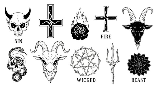 Collection of Occult and Dark Symbols Skull Pentagram Baphomet Upside Down Cross Trident Serpent Rose on Fire Beast Sin Wicked Fire Occultism Satanic Icons