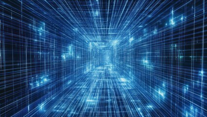 Futuristic Digital Tunnel with Blue Light Rays and Grid Pattern