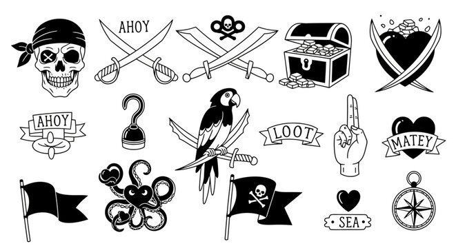 Pirate Tattoo Flash Set Skull Treasure Chest Parrot Swords Compass Hook Heart Octopus Vector Art