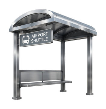 Airport shuttle stop featuring an aluminum canopy with open sides.