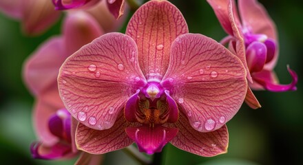 Obraz premium Close-up Orchid Bloom with Water Droplets, Detailed Texture, Macro Photography.