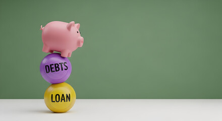 Visualize financial health with this stack of colorful spheres topped by a piggy bank, showing debts and loans, ideal for financial planning content.