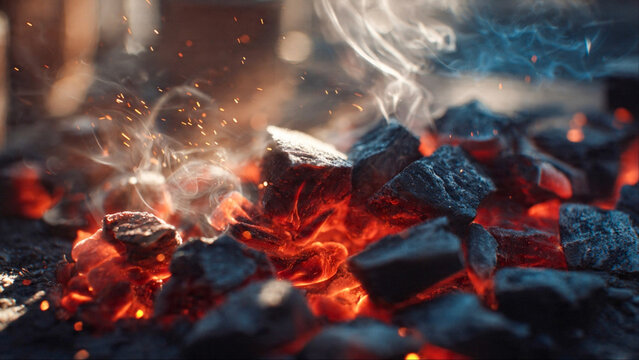 Smoldering charcoal with vibrant embers igniting heat and smoke