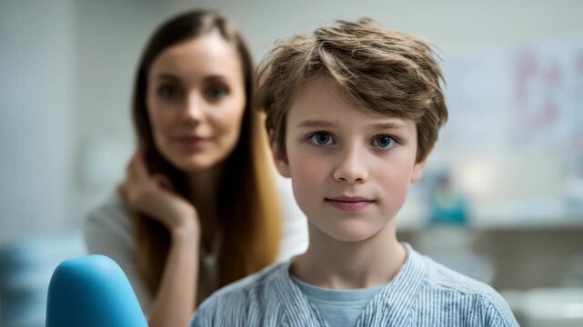 Boy at Doctor's Office Smiles with Mother in Background