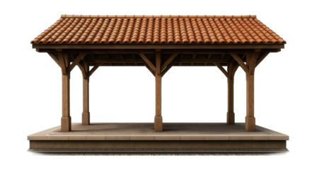 Train platform featuring a classic tiled roof and wooden beams.
