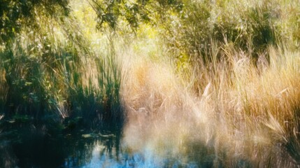 Impressionistic Lakeside Vegetation Painting with Vibrant Color Palette