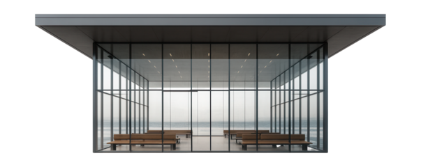 Modern passenger ferry terminal featuring a flat roof and seating benches.