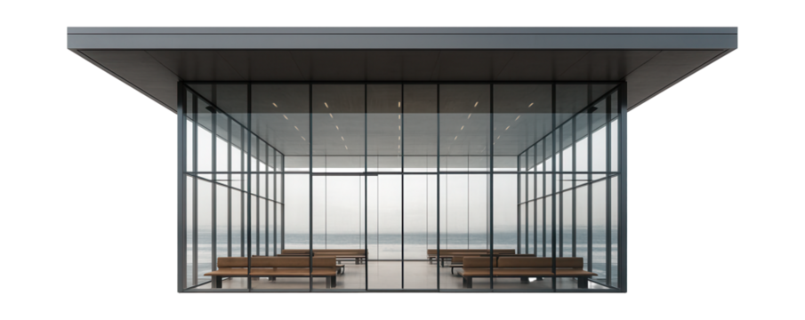 Modern passenger ferry terminal featuring a flat roof and seating benches.