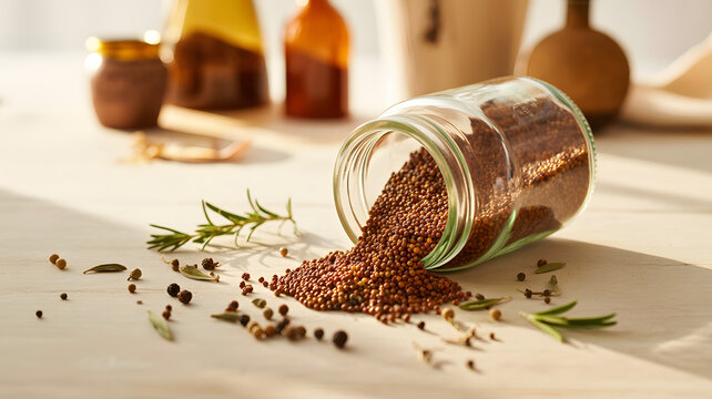 Closeup of small brown seeds spilling out of a clear glass jar onto a light wooden surface with rosemary sprigs - Powered by Adobe
