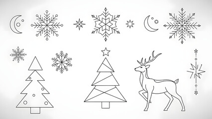 Winter Holiday Illustrations: Artistic linework of snowflakes, Christmas trees, deer, stars and crescent moons, evoking the enchantment and anticipation of the season.