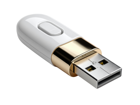 USB Flash Drive: A sleek, modern USB flash drive sits isolated, showcasing a metallic connector and minimalist design, capturing the essence of digital storage and modern technology. - Powered by Adobe