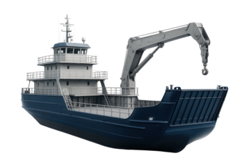 Spacious landing vessel featuring a multi-level deck and crane arm.