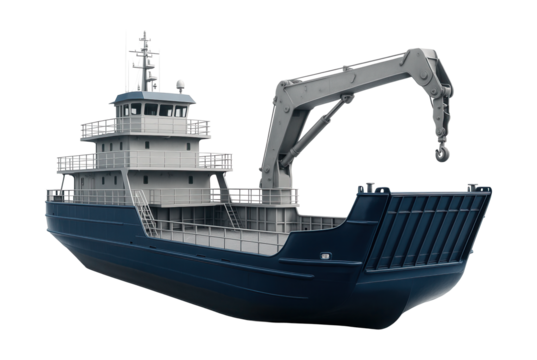 Spacious landing vessel featuring a multi-level deck and crane arm. - Powered by Adobe